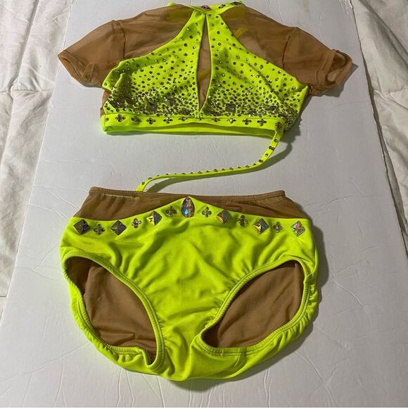 Patrick J designs solo custom dance costume neon yellow  leotard 2 piece SA - Picture 3 of 11